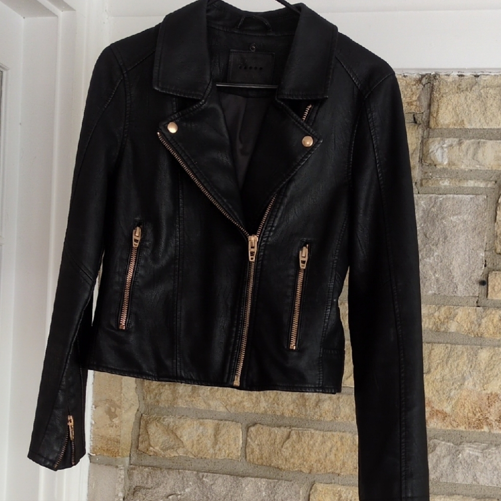 Blank NYC Black Leather Moto Jacket with Gold Zippers